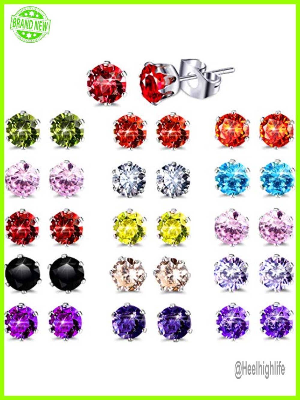 Stainless Steel Cubic Zirconia Stud Earrings Set Hypoallergenic 15 Pairs